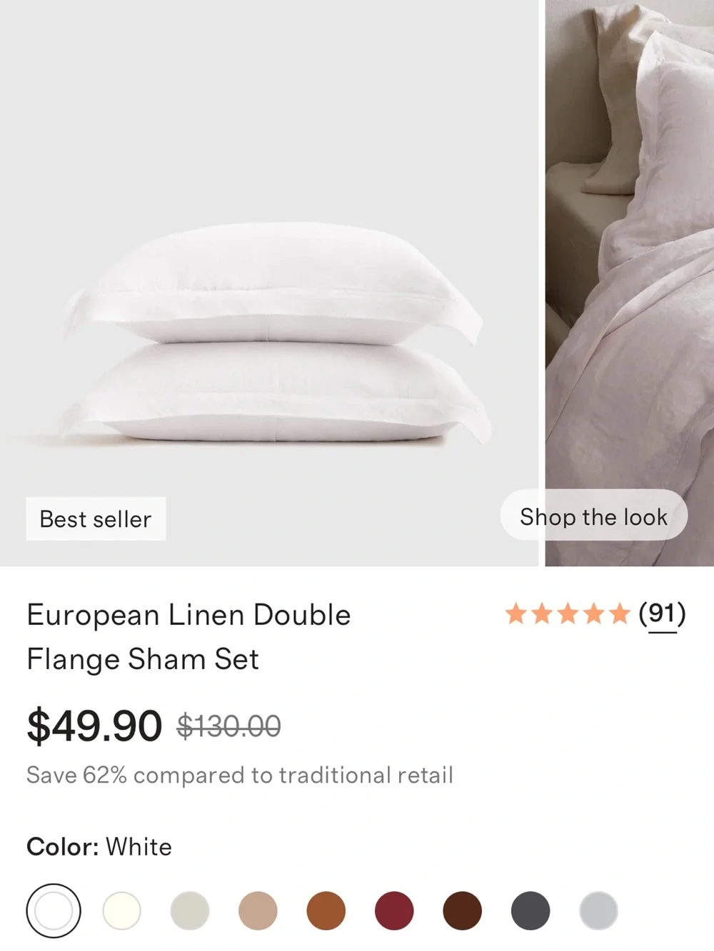 European Linen Standard Double Flange Sham Set in White - Retail $50